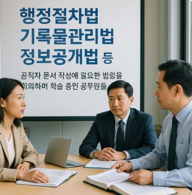 행정절차법, 기록물관리법, 정보공개법을 주제로 회의하며 학습 중인 공무원들, 문서 작성 관련 법령을 다루는 실무 토론 장면
