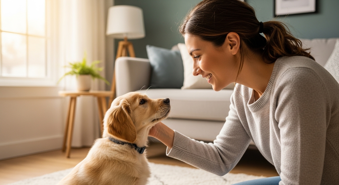 새로운 강아지와 보호자가 서로 교감하며 행복해하는 모습