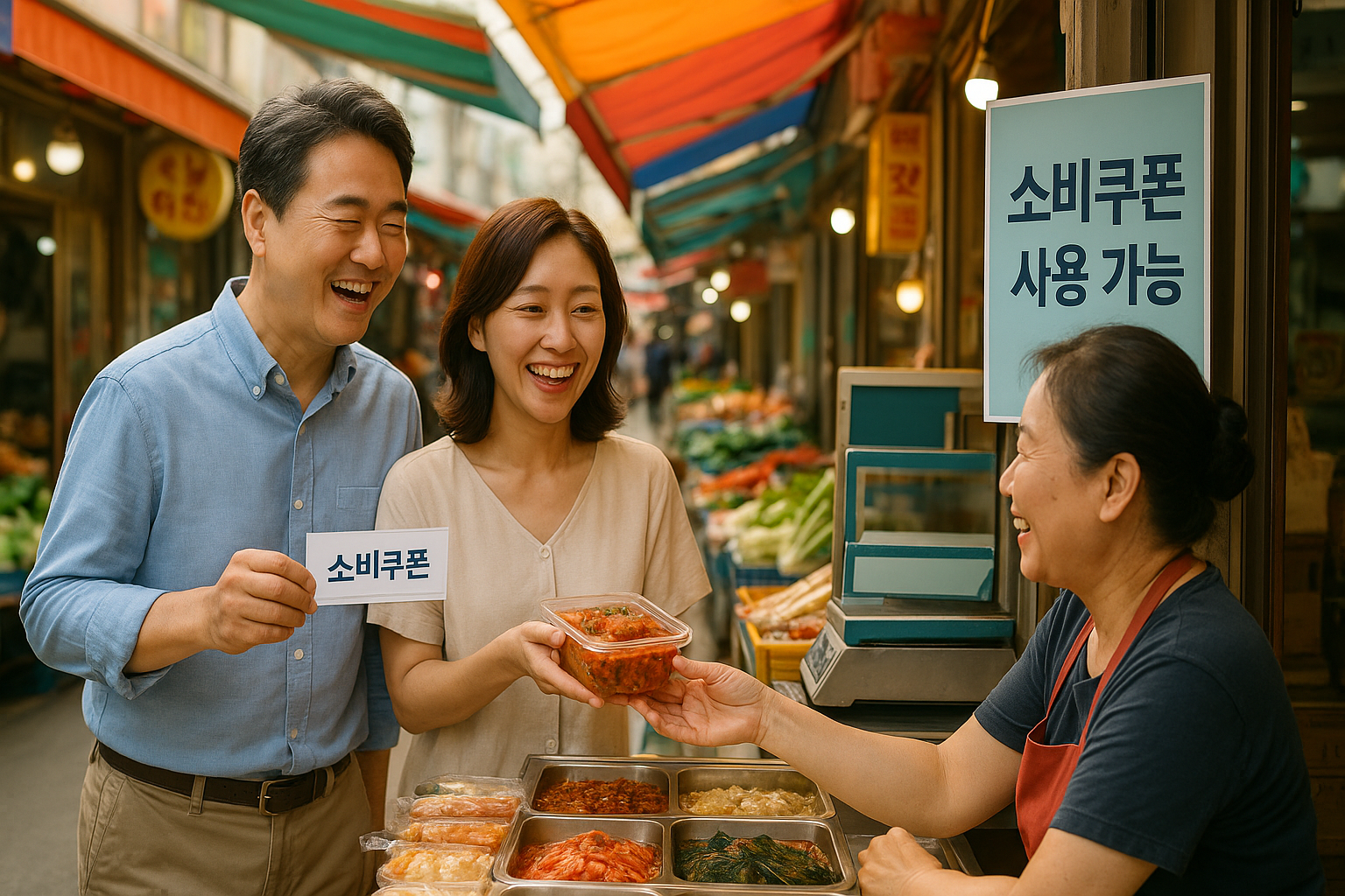 소비쿠폰으로 장보는 즐거운 소비자와 환하게 웃으며 손님을 맞는 동네 가게 사장님