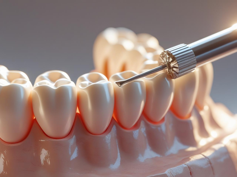 스케일링 도구와 치아 모델 접촉 장면