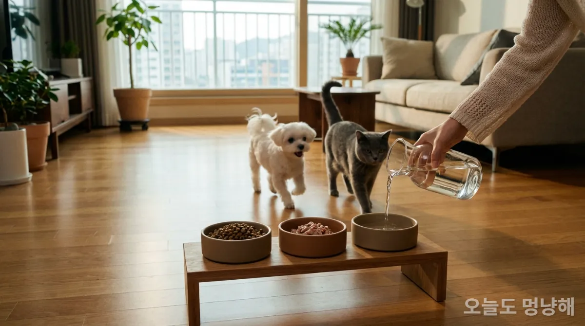 깔끔하게 관리된 급여 공간에서 신선한 사료와 물을 먹으려 하는 강아지와 고양이의 모습.
