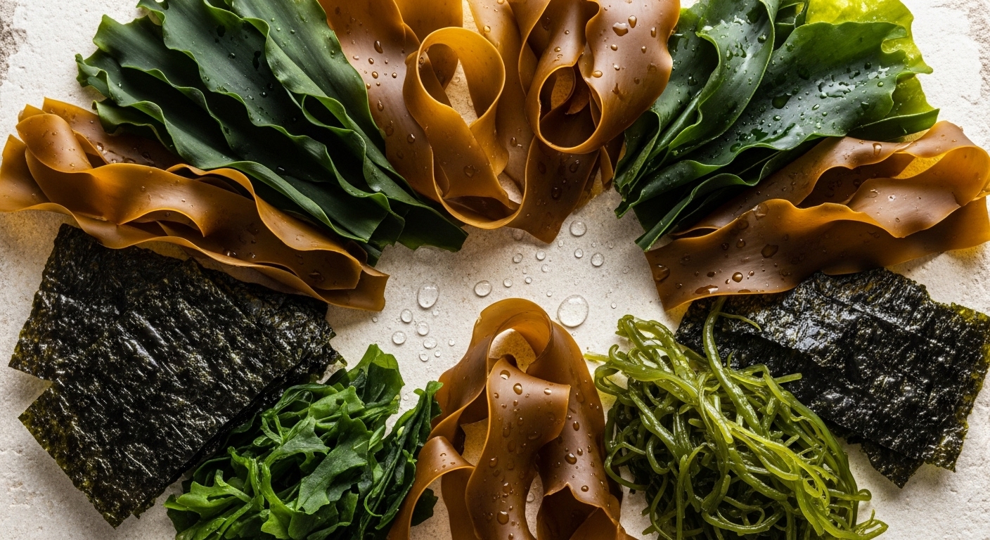 미역, 다시마 등 다양한 종류의 해조류가 자연스러운 배경 위에 가지런히 놓여 있는 모습