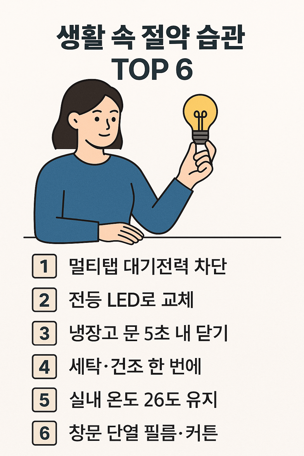 생활 속 절약 습관 TOP 6 인포그래픽 - LED 교체, 대기전력 차단 등
