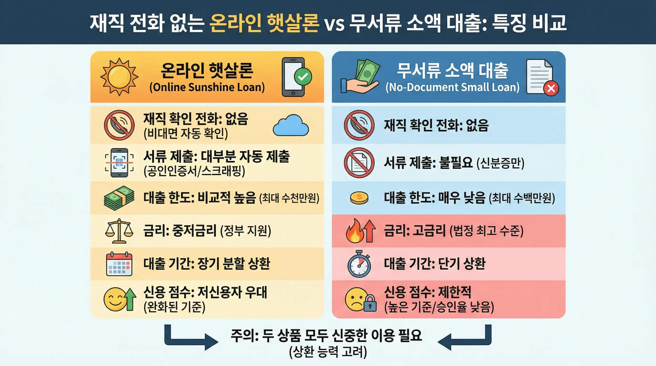 재직 전화 없는 온라인 햇살론과 무서류 소액 대출의 특징을 비교하는 인포그래픽