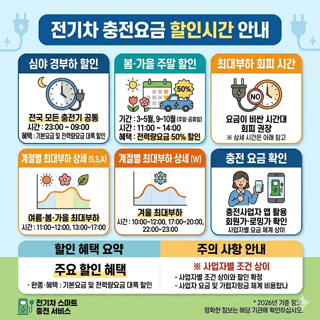 2026 전기차 충전요금 할인시간 심야&middot;주말 낮 할인 시간표 인포그래픽