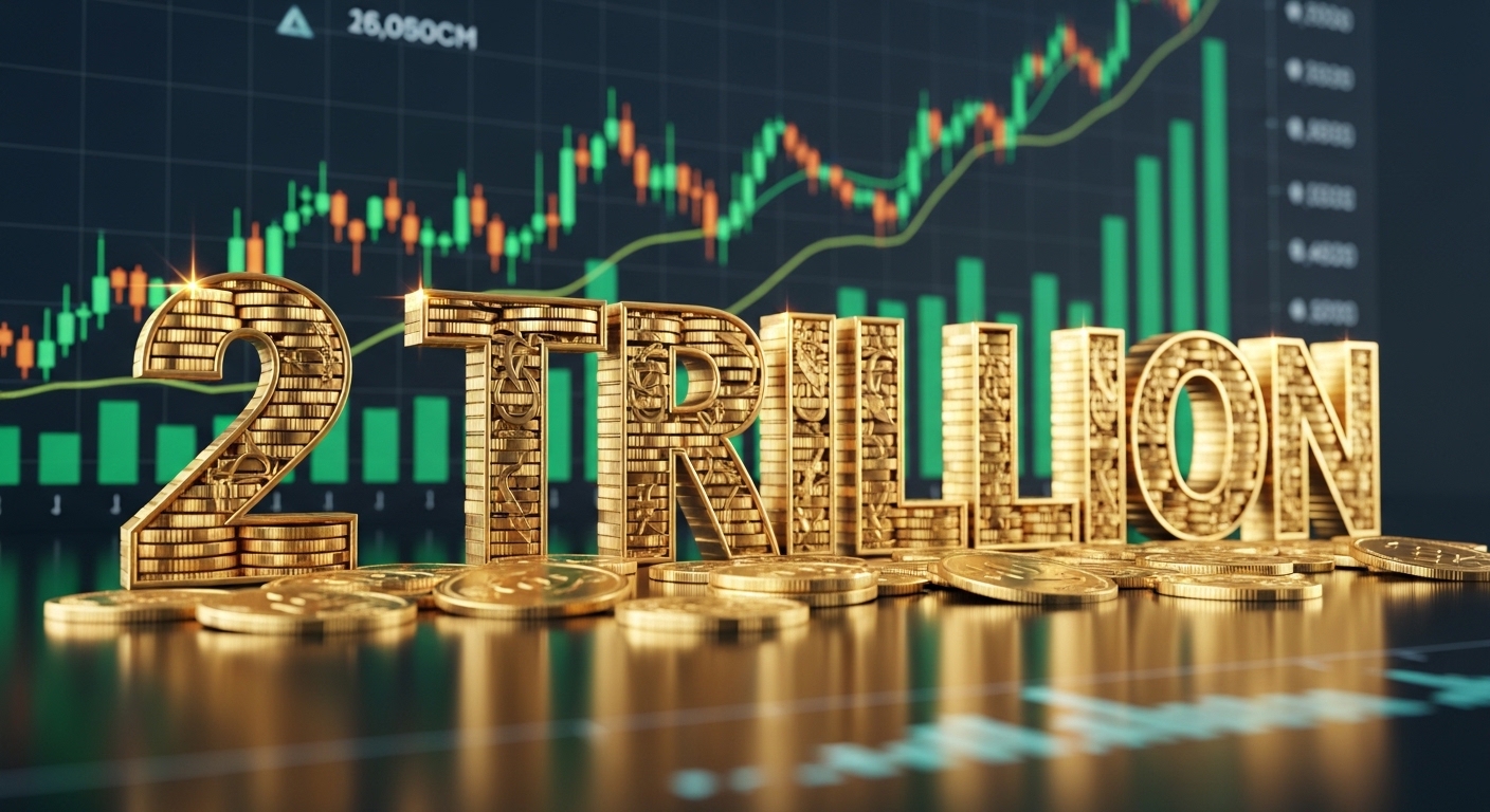 Shining text '2 Trillion' made of golden coins, with a rising stock chart background behind it.