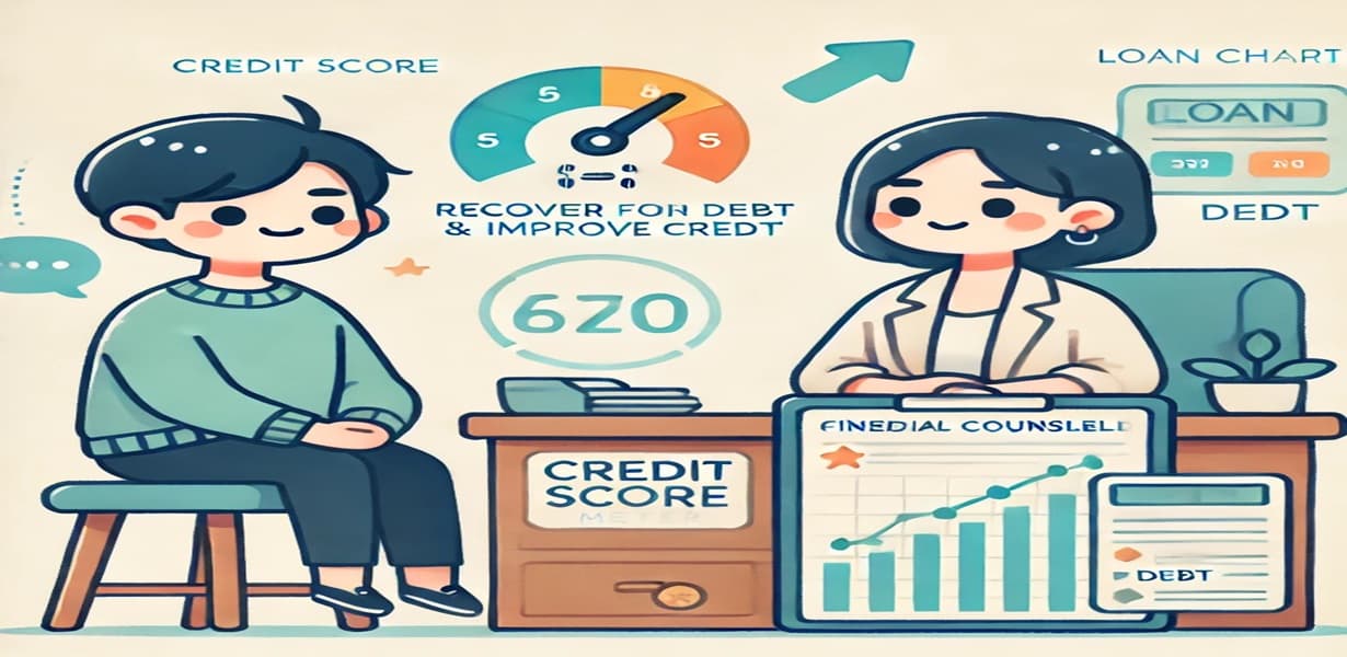 신용회복과 채무조정을 위한 상담 장면 – 청년과 상담사가 책상 앞에서 신용지표, 서류, 차트를 검토하며 긍정적인 방향을 모색하는 이미지