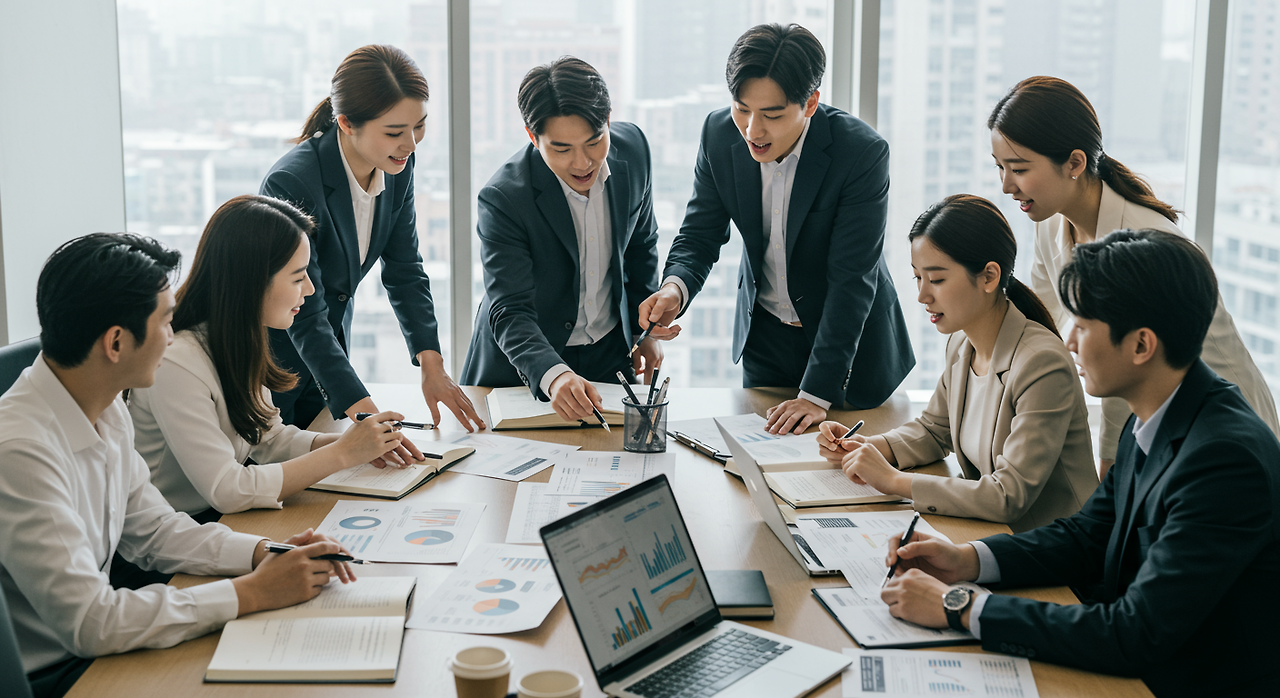 회의 테이블에 모여 보고서와 노트북을 펼쳐놓고 토론하는 다양한 한국 금융 분석가들