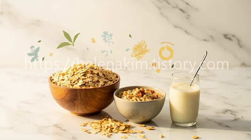 그릇에 담긴 오트밀과 우유 한 잔 이미지