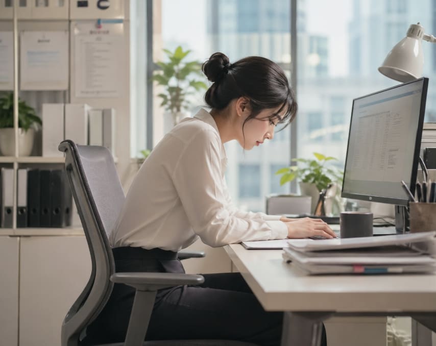 구부정하게 의자에 기대앉은 직장인 모습