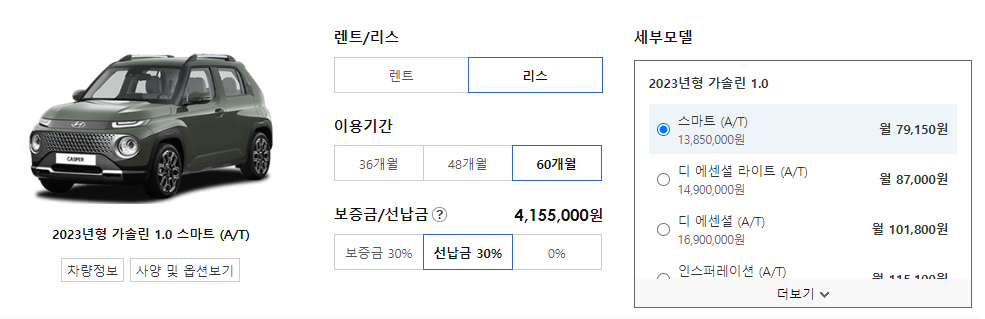 현대 캐스퍼 리스 가격표