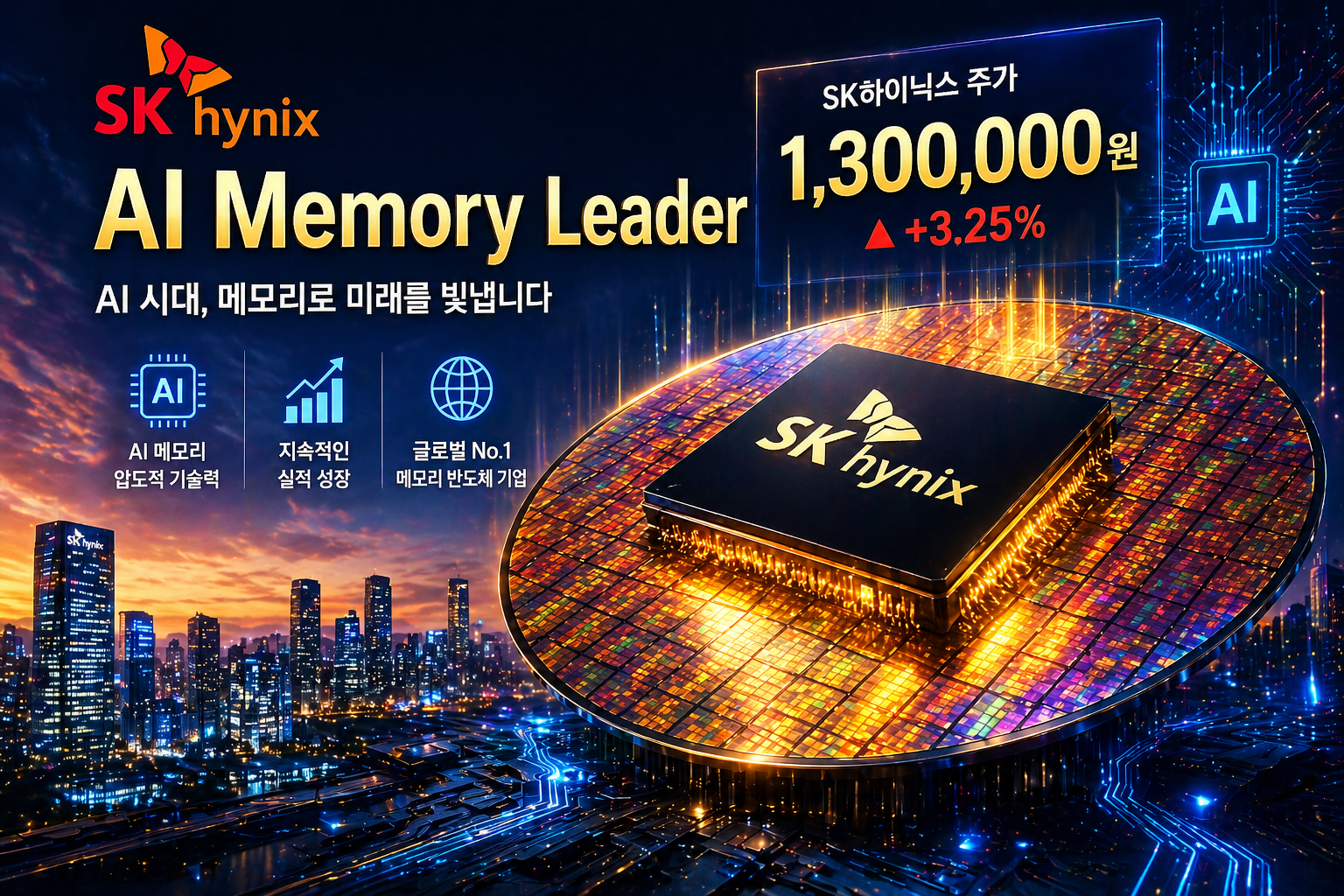 SK하이닉스 로고와 1,300,000원 주가가 표기된 반도체 웨이퍼 이미지