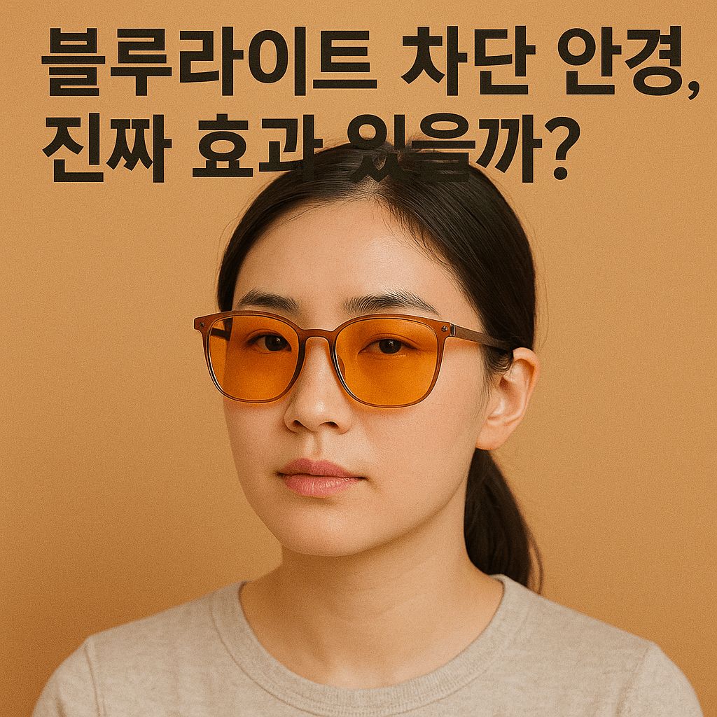블루라이트 차단 안경, 진짜 효과 있을까? 제목과 블루라이트 차단안경 쓴 여성의 모습