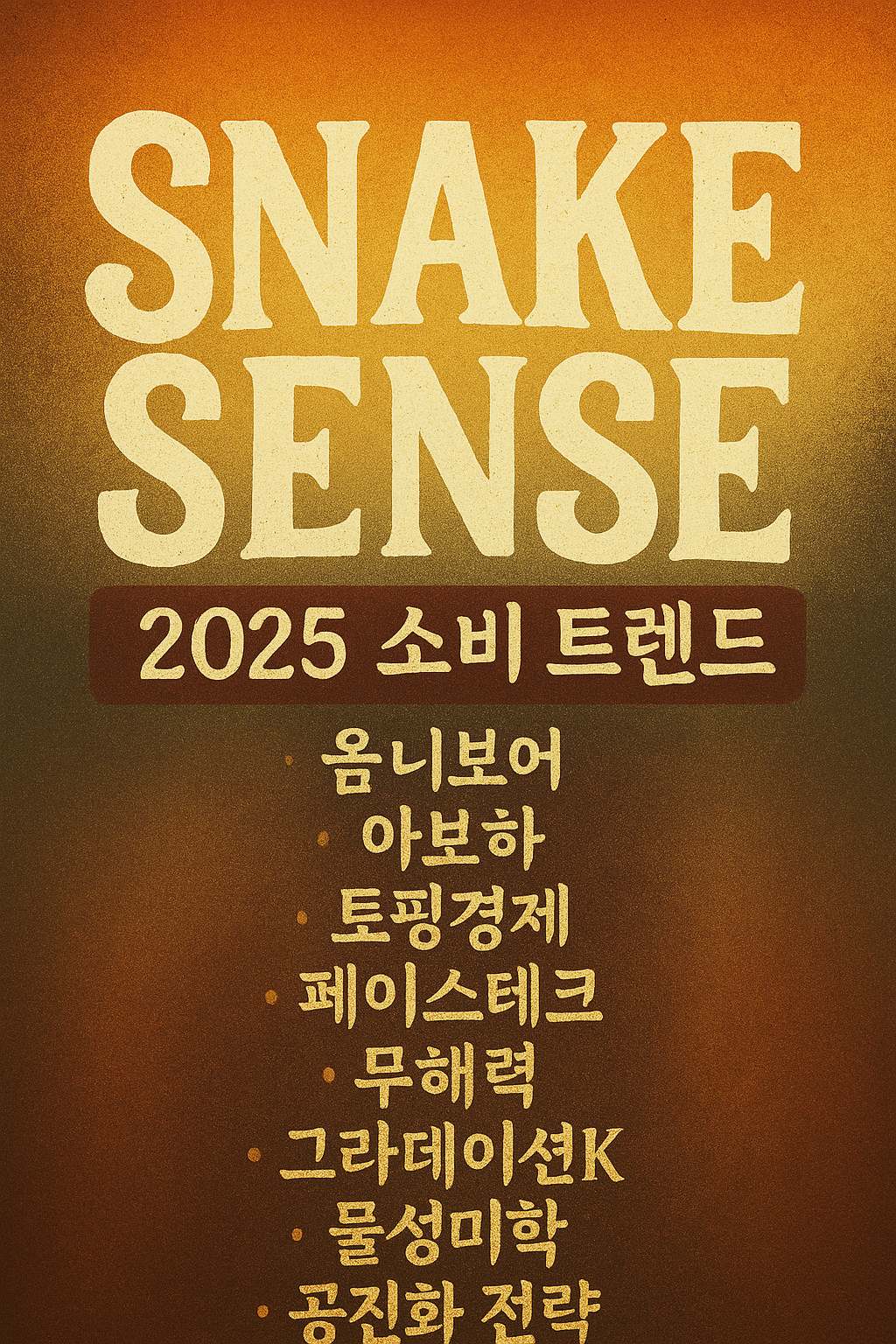 따뜻한 컬러 배경 위에 감성적인 타이포그래피로 구성된 2025년 소비 트렌드 'SNAKE SENSE' 키워드 포스터
