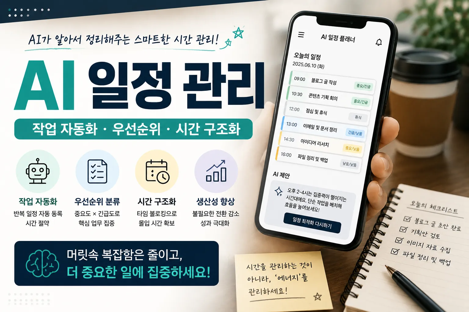 AI 일정 관리 (작업 자동화, 우선순위 분류, 시간 구조화)