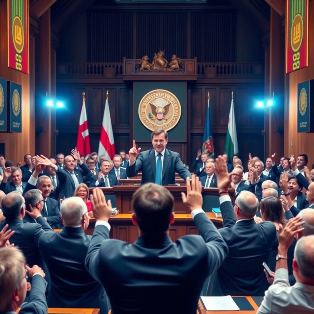 원내대표의 지휘 아래 소속 의원들이 당론에 따라 표결하는 장면을 통해 원내대표의 조직력을 보여줍니다.