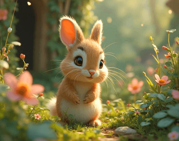 숲속에 귀여운 갈색 토기 한 마리가 서 있다. 눈은 크고 얼굴은 귀엽다. 주변엔 분홍색 꽃들이 많다.