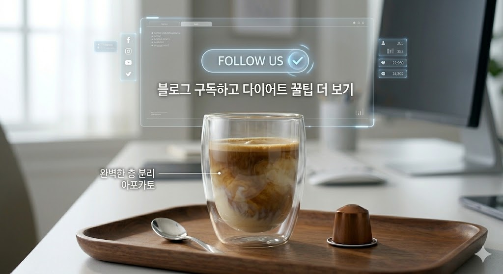 완벽한 층 분리 아포카토가 세련된 우드 트레이 위에 놓여 있습니다. 옆에는 작은 은색 스푼과 네스프레소 캡슐이 하나 놓여 있어 당장이라도 먹고 싶은 느낌을 줍니다. 배경에는 블로그 구독을 유도하는 'FOLLOW US'라는 세련된 UI의 홀로그램 인터페이스가 떠 있습니다.