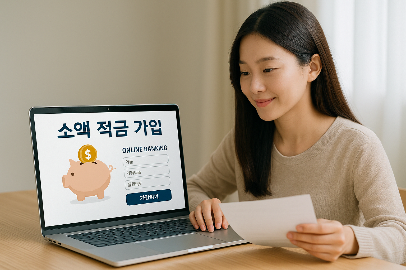 온라인 소액 적금 상품 가입하는 여성 