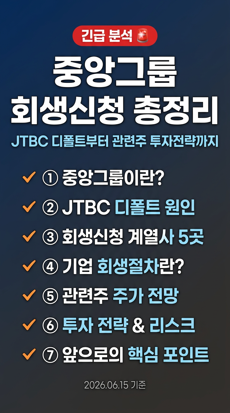 중앙그룹 회생신청, 이유, 원인, 관련사, 계열사, JTBC 부채 정보, 회생 절차란? 관련주 주가 전망 및 투자 전략 정리