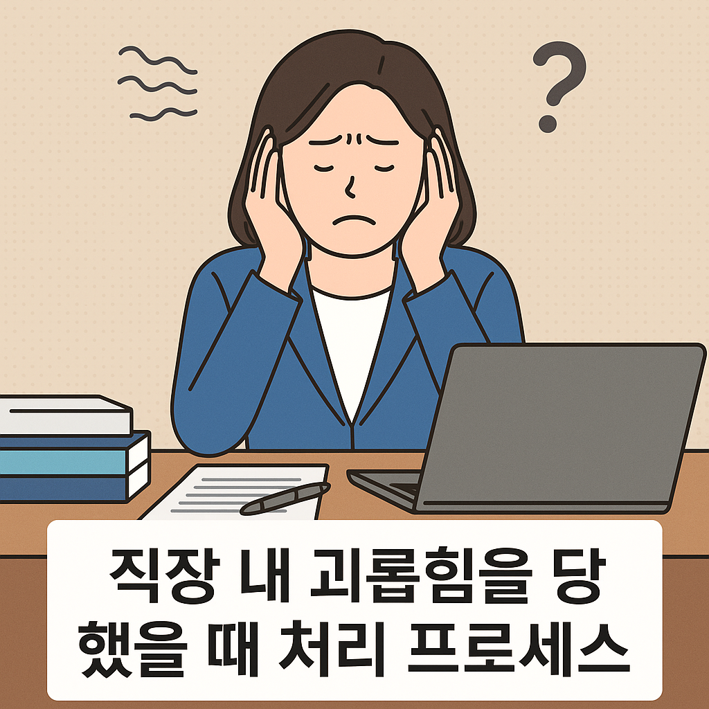 직장 내 괴롭힘을 당한 직장인의 혼란스러운 상황과 처리 프로세스를 나타낸 이미지