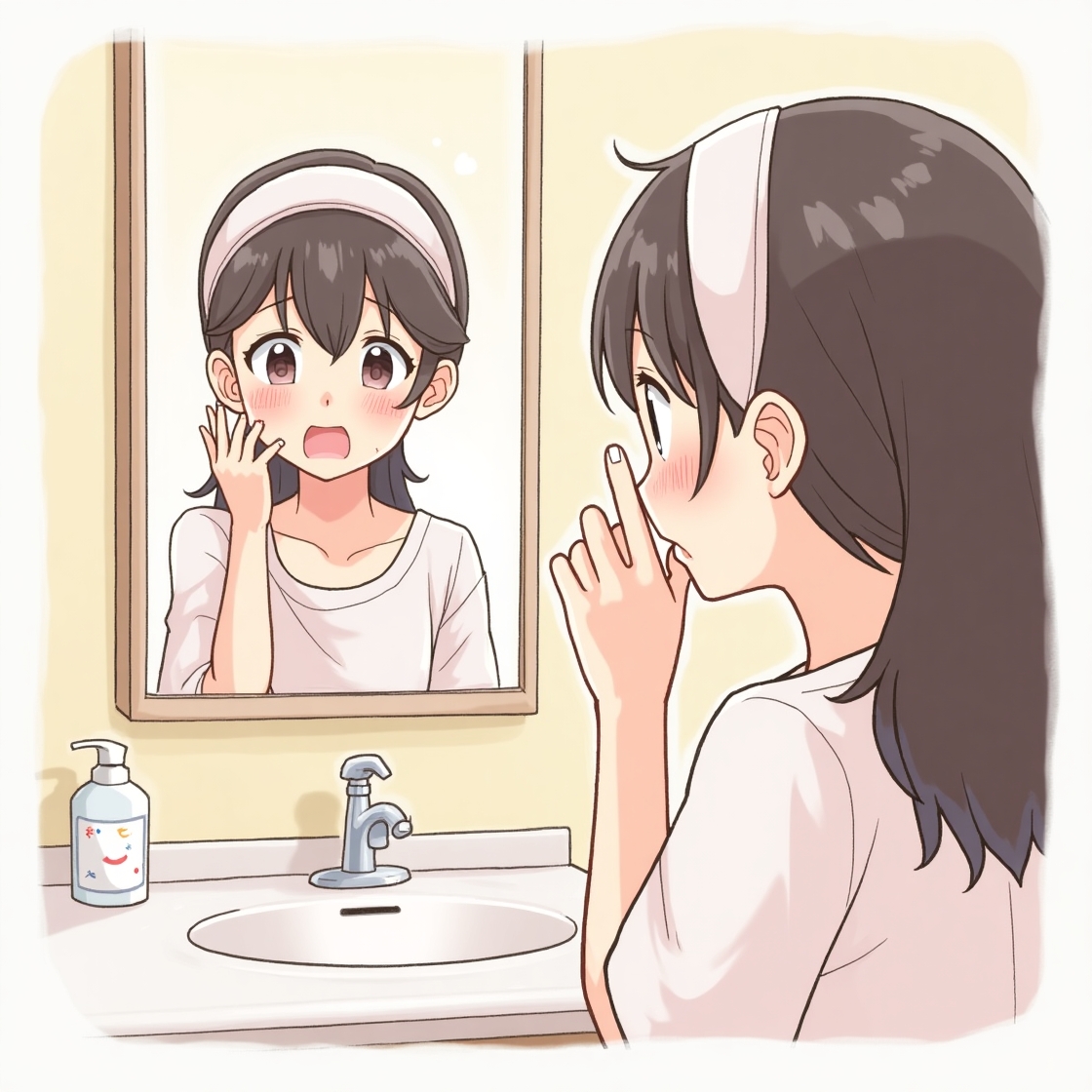 거울 속 여드름을 걱정하는 여성