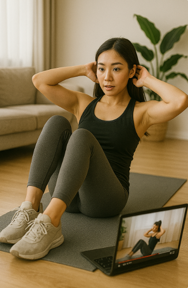 유튜브 보면서 집에서 홈트하는 여자