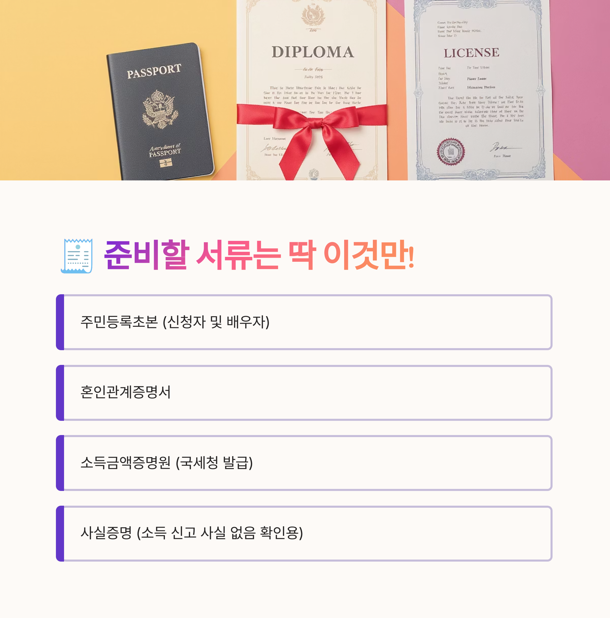 여권, 졸업장, 자격증 이미지와 함께 결혼지원금 신청에 필요한 서류 목록(주민등록초본, 혼인관계증명서, 소득금액증명원, 사실증명)을 안내하는 인포그래픽