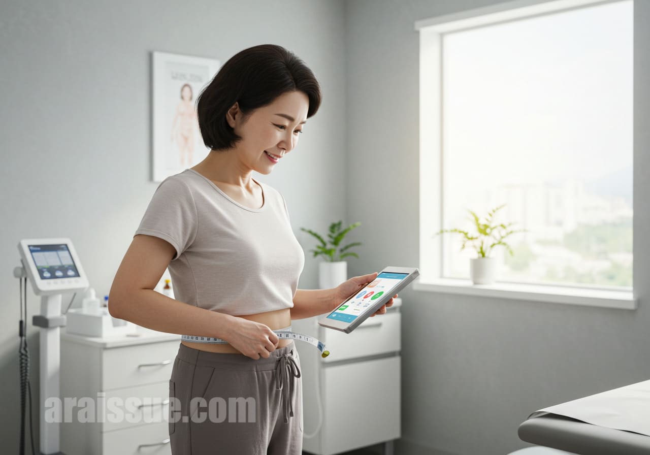 50대 한국 여성이 현대적인 의료 사무실에서 태블릿을 이용해 BMI와 허리둘레를 확인하는 모습입니다.