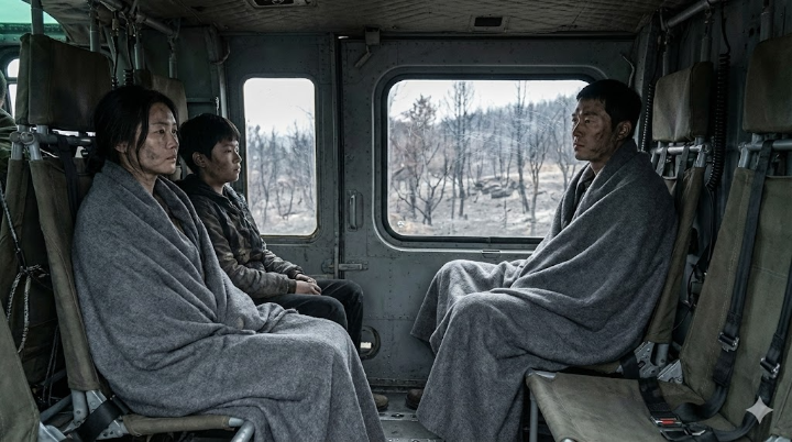 모든 것이 타버린 잿더미 위, 구조 헬기 안에서 텅 빈 눈빛으로 서로를 바라보는 생존자들의 허망하고 서늘한 모습을 담은 스틸컷