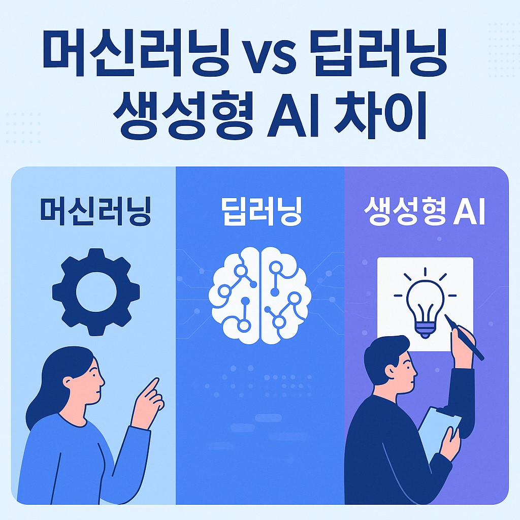 머신러닝, 딥러닝, 생성형 AI의 차이를 한국어로 설명한 세 구역 인포그래픽