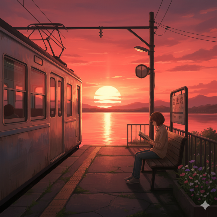 붉은 노을이 지는 슨자역 플랫폼 이미지