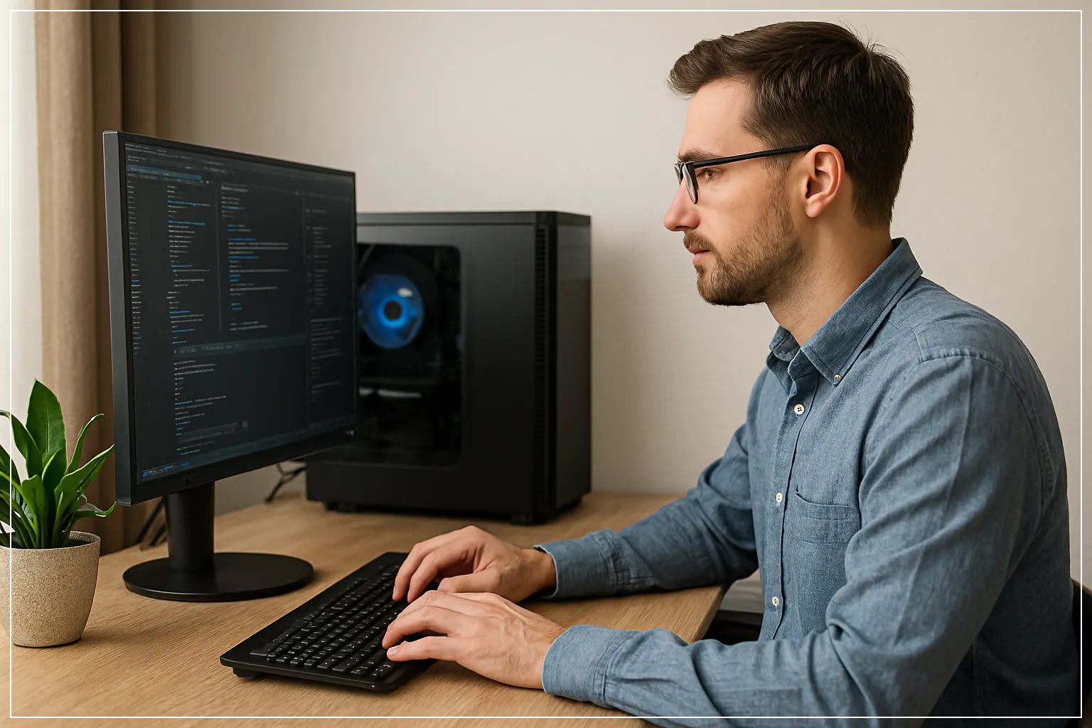 조용하고 정돈된 공간에서 데스크탑으로 집중 작업 중인 직장인