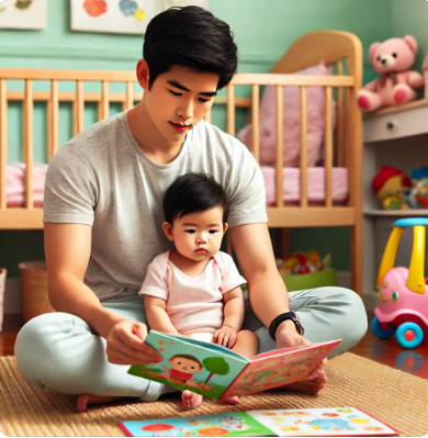 아이와 함께 책을 읽고 있는 아빠들의 모습을 그린 사진