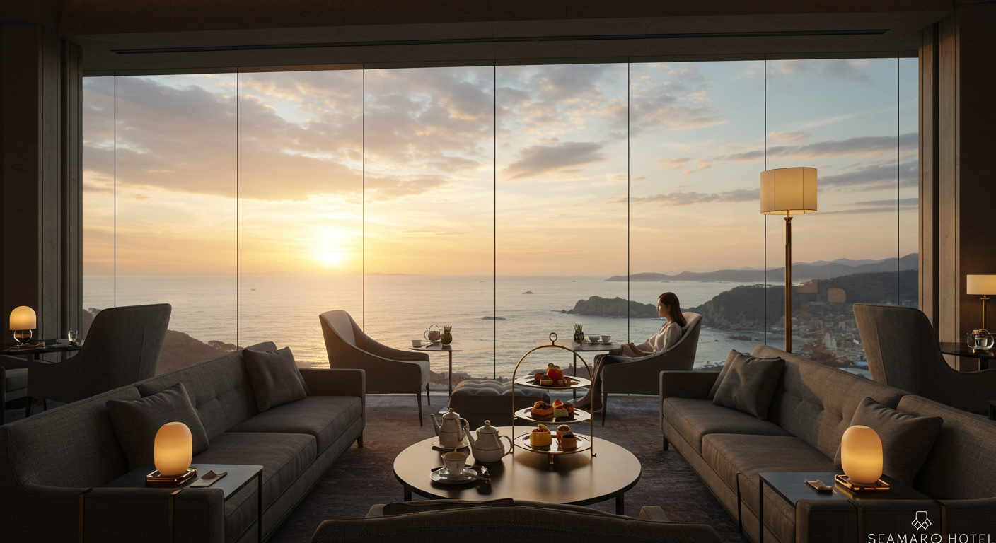 강릉 씨마크호텔 더 라운지에서 바라본 노을 지는 동해 파노라마 뷰