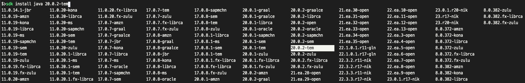 sdk install java 자동완성