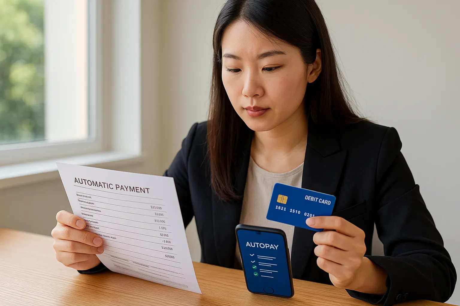 체크카드와 자동이체 청구서, 스마트폰 자동납부 화면을 함께 확인하며 실적 인정 여부를 점검하는 직장인의 실제 사용