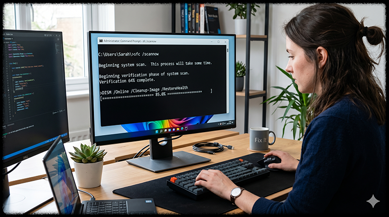 명령 프롬프트에서 시스템 복구 명령어를 실행하는 모습