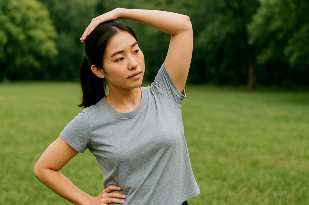 야외에서 스트레칭하는 여성의 모습, 더운 날 혈액순환을 위한 가벼운 운동 실천