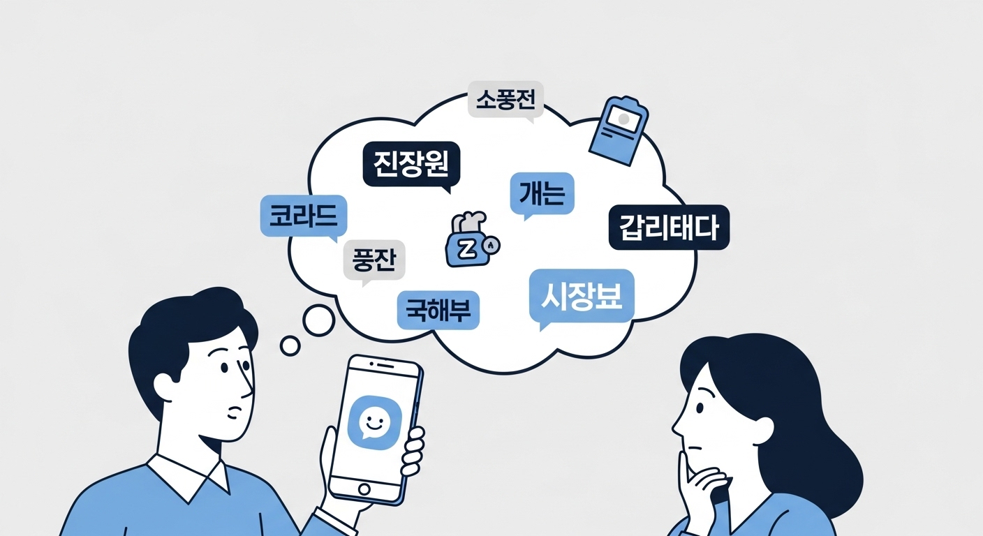 MZ세대 신조어들이 떠다니는 생각 풍선을 호기심 가득한 표정으로 바라보는 부모의 모습.