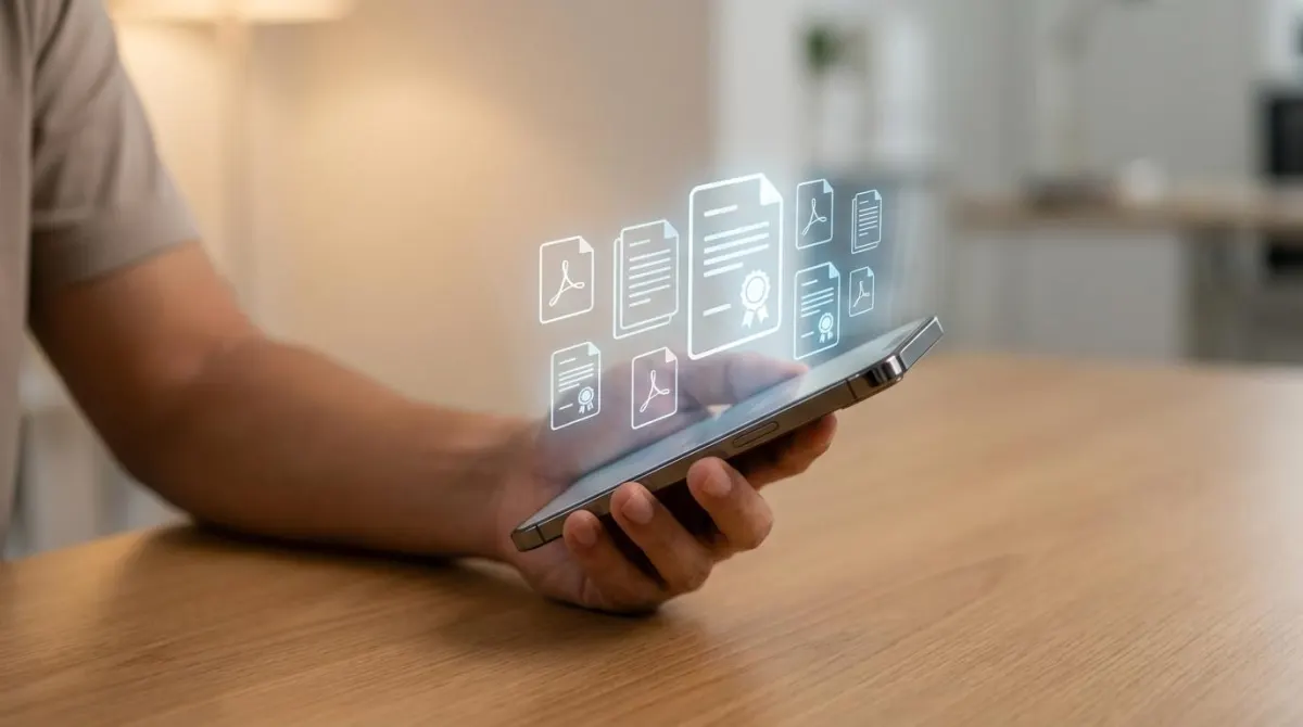 스마트폰에서 디지털 공문서가 홀로그램처럼 떠오르는 비대면 서류 접수 표현 이미지