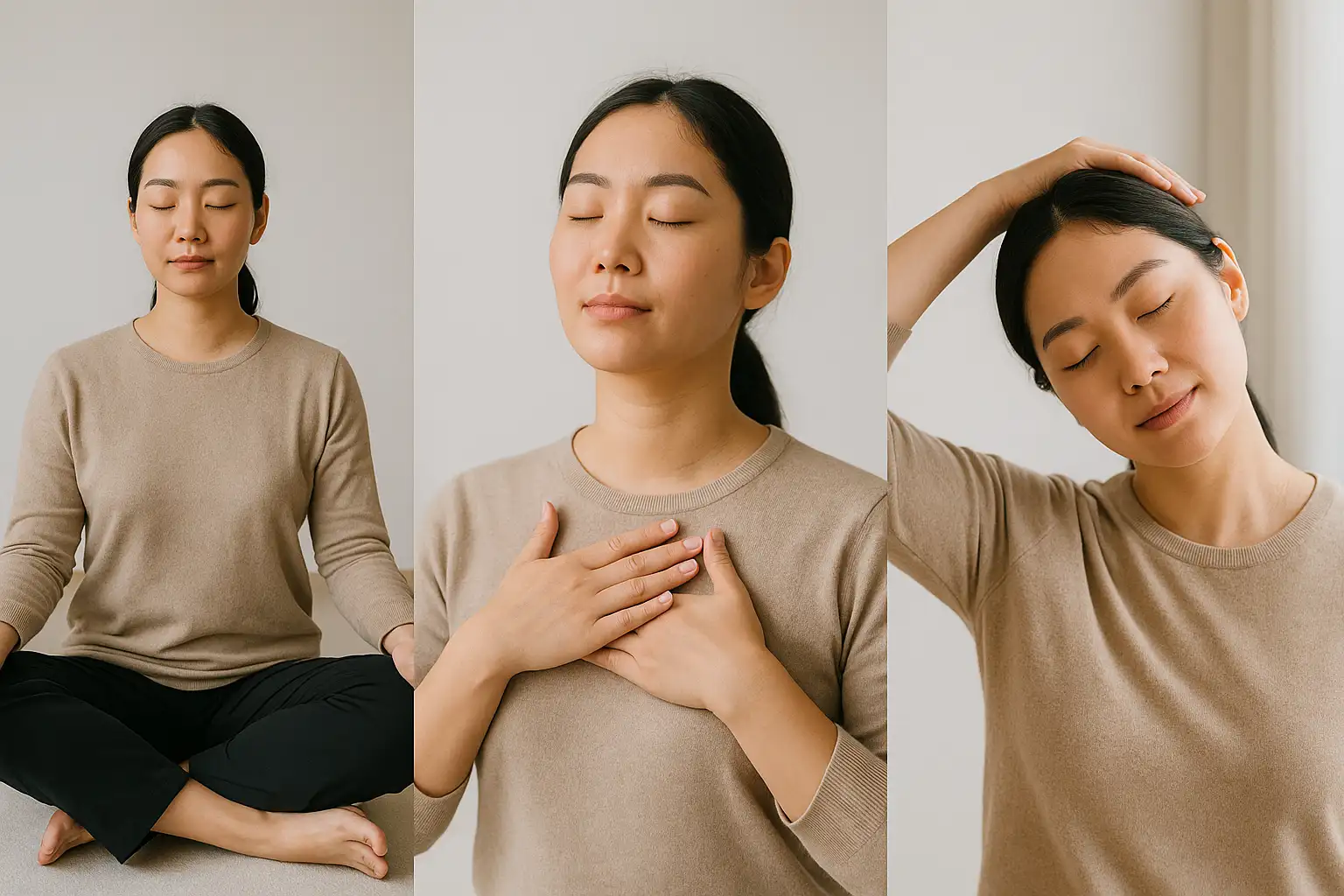 명상하는 사람, 심호흡하는 장면, 가벼운 목 스트레칭을 하는 모습