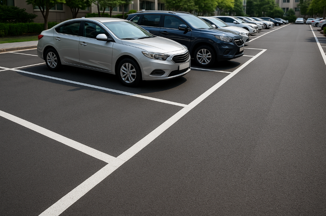 새롭게 정비된 주차선 위에 주차된 차량들의 모습