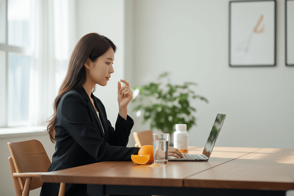 노트북 앞에서 비타민C 영양제를 섭취하는 직장인 여성, 물컵과 오렌지 소품