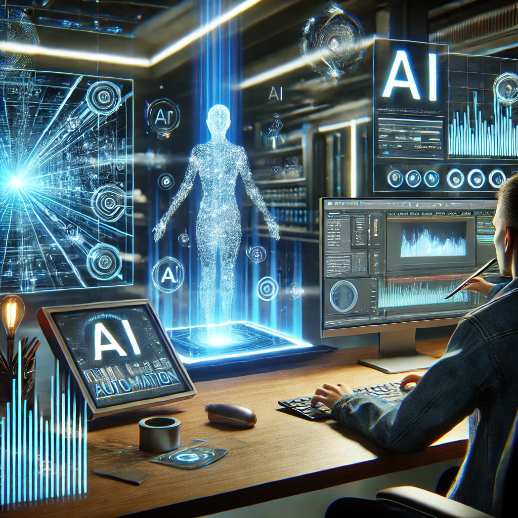 AI 기술을 활용한 콘텐츠 제작 공간. 첨단 디지털 도구와 함께 텍스트 생성, 디지털 아트 제작, 영상 편집이 진행되는 미래 지향적 작업 환경. 화면에는 AI가 생성한 글과 그래픽이 표시되며, 주변에는 빛나는 홀로그램과 데이터 스트림이 흐르는 모습이 연출됨. AI와 인간이 협업하는 창작의 미래를 상징하는 장면