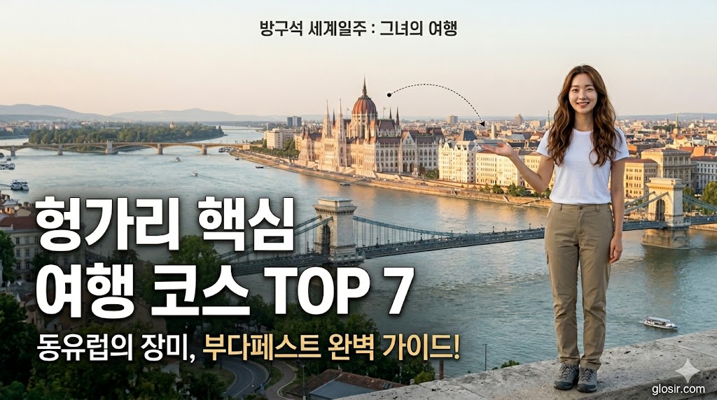 부다페스트 어부의 요새에서 국회의사당 파노라마 배경을 향해 서서 웃는 한국 여성과$$방구석 세계일주 그녀의여행$$헝가리 핵심 여행 코스 TOP 7 glosir.com 커버 문구