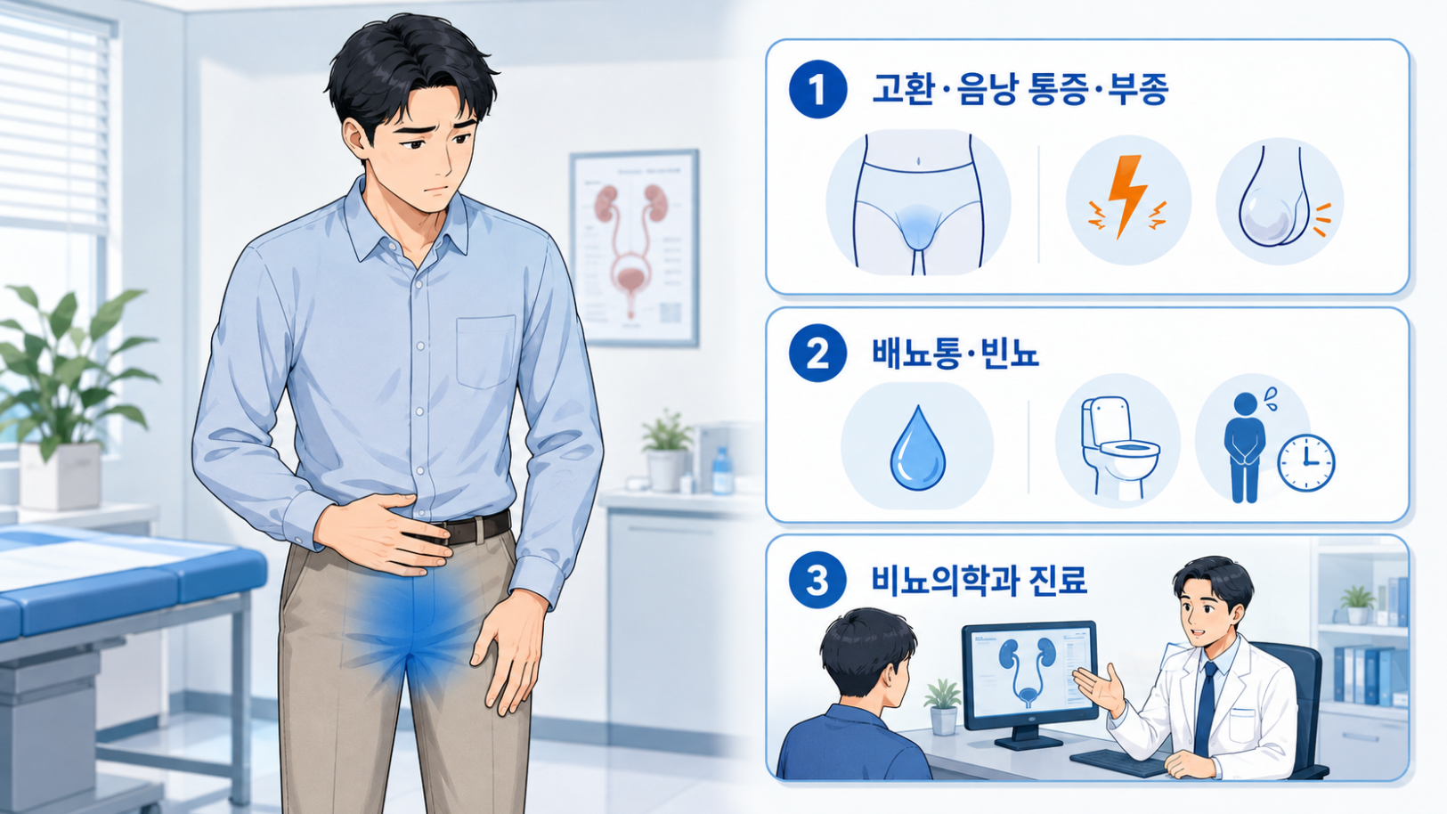 사타구니 멍울과 함께 나타나는 고환&middot;음낭 통증&middot;부종 및 배뇨통&middot;빈뇨와 비뇨의학과 진료 안내