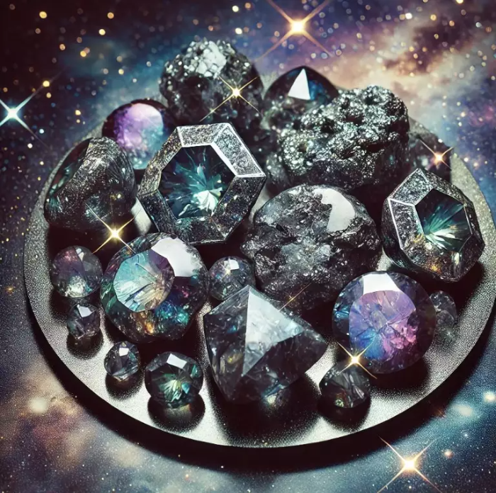 우주와 연관된 신비로운 보석들이 별빛이 반짝이는 밤하늘과 같은 표면 위에 놓여 있는 모습. 보석들은 운석이나 천체 물질을 닮은 독특한 빛깔과 질감을 가지고 있으며, 은은하게 빛나고 있다. 배경에는 별과 성운이 어우러져 우주의 신비와 경이로움을 강조한다.