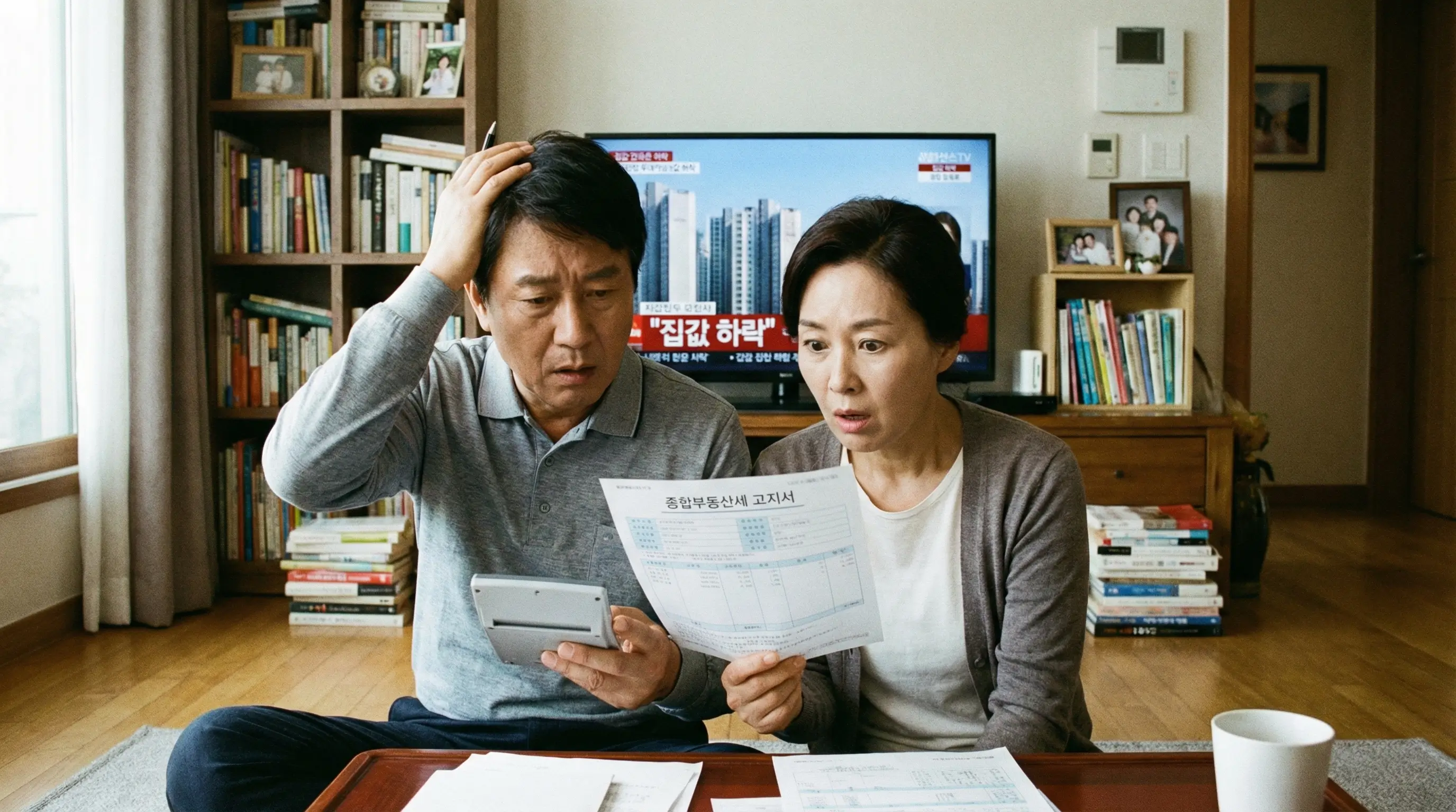 집값 하락에도 불구하고 날아온 종합부동산세 고지서를 보고 당황하며 세금 계산을 고민하는 모습