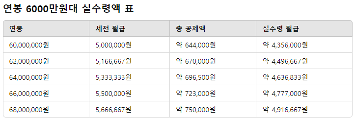 연봉 6000만원대 실수령액 표